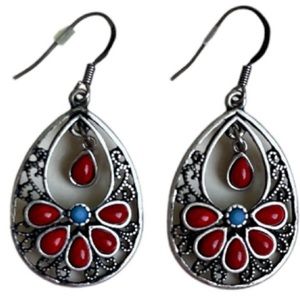 Coral & Blue Crystal Gemstones Antiqued Silver Dangle Wire Pierced Earrings